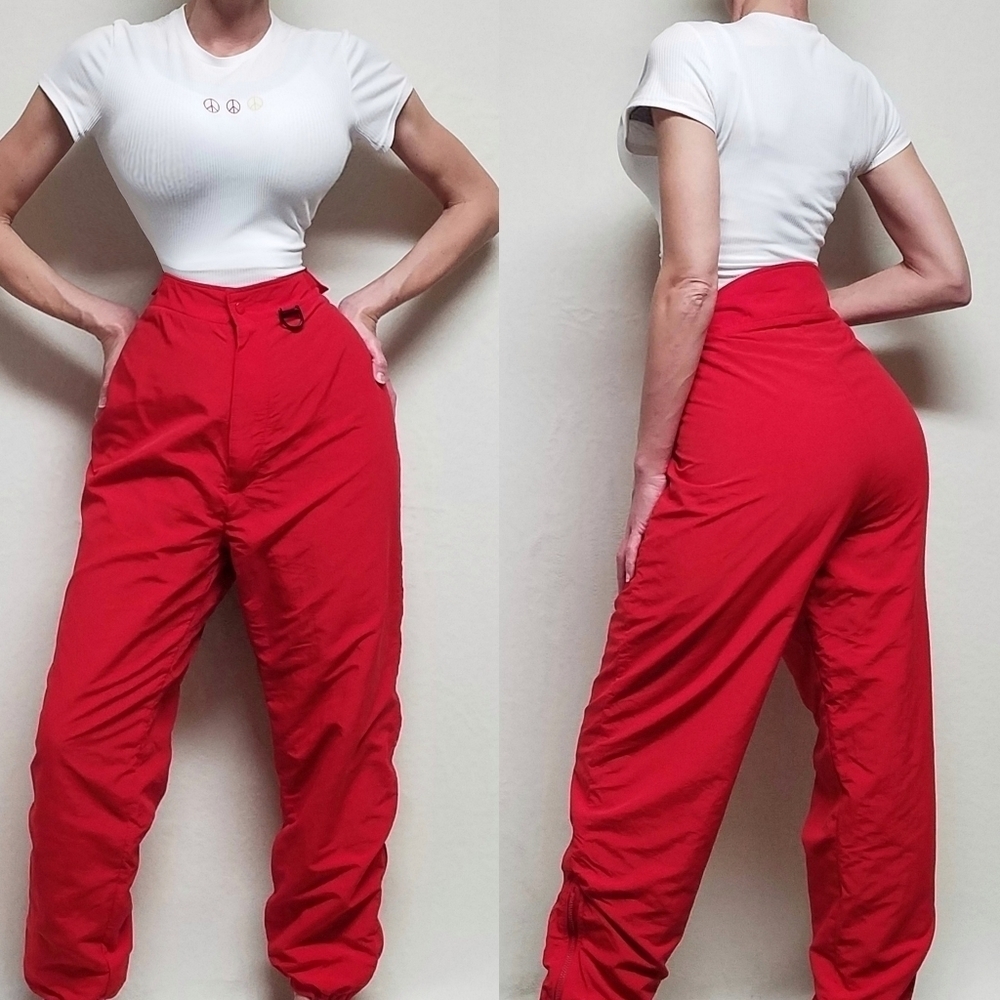 Vintage 80s Lands End Red Nylon Blue Fleece Lined Side-Zip Ski Pants Snow Pants